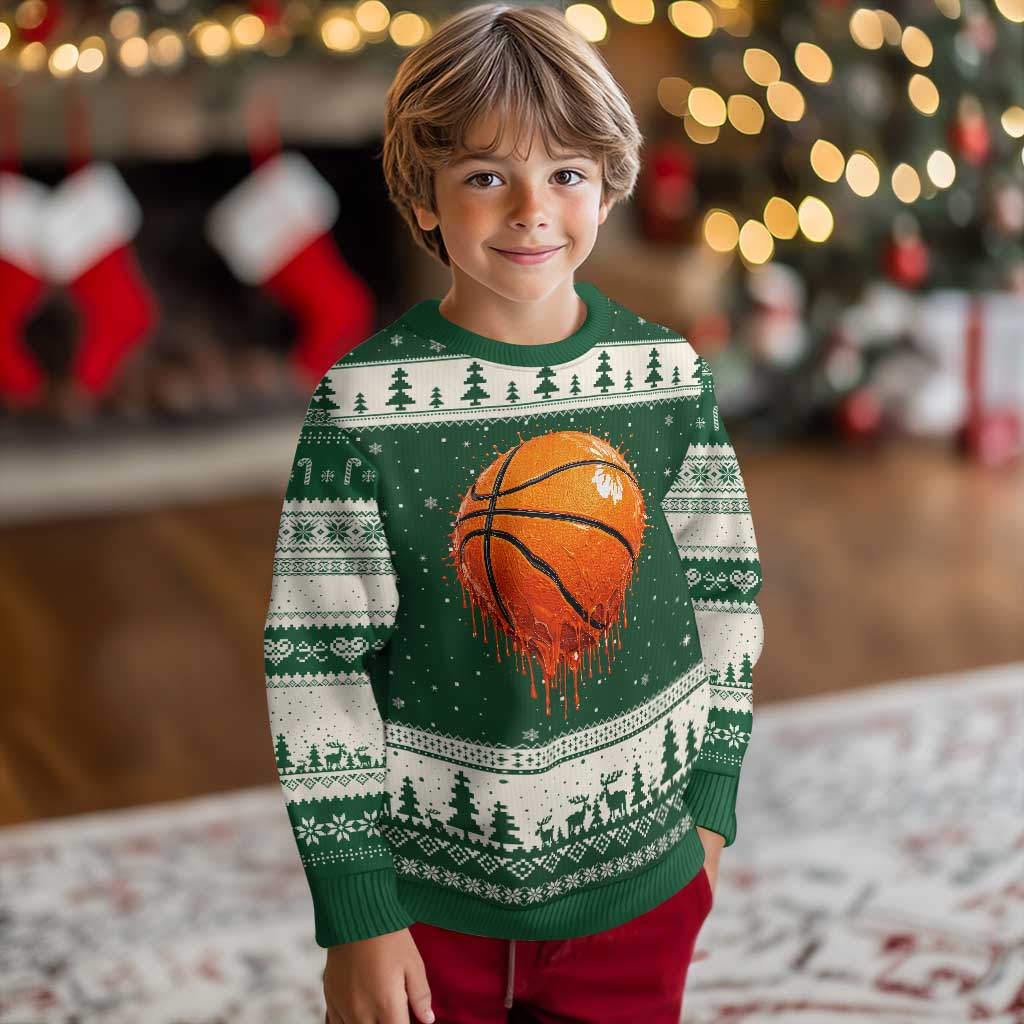 Funny Basketball Drip Splash Graphic Ugly Christmas Sweater TS11 Forest Green Beige Print Your Wear