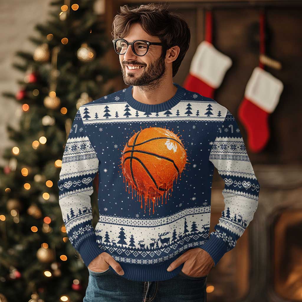 Funny Basketball Drip Splash Graphic Ugly Christmas Sweater TS11 Navy Beige Print Your Wear
