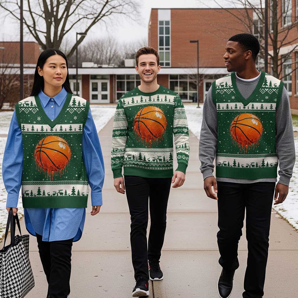 Funny Basketball Drip Splash Graphic V-Neck Knit Sweater Vest TS11 Forest Green Beige Print Your Wear