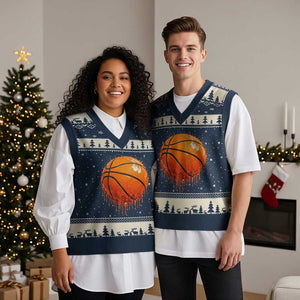 Funny Basketball Drip Splash Graphic V-Neck Knit Sweater Vest TS11 Navy Beige Print Your Wear