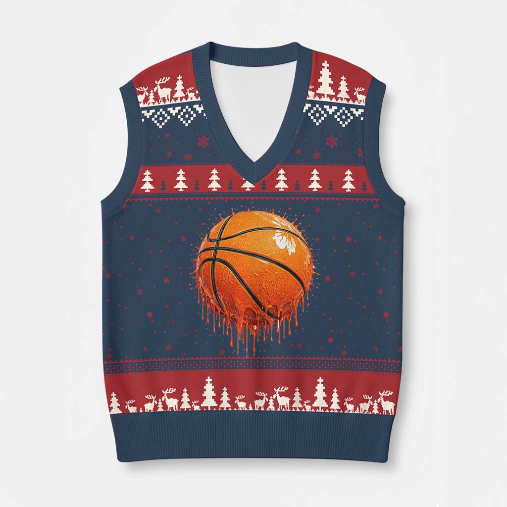 Funny Basketball Drip Splash Graphic V-Neck Knit Sweater Vest TS11 Navy Red Print Your Wear