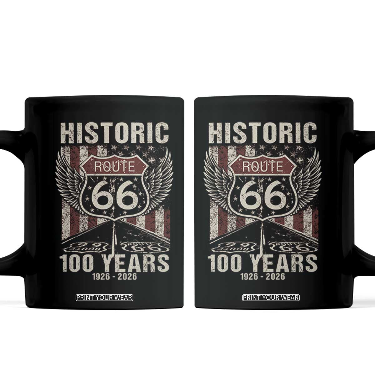 Historic Route Highway 66 100 Years Anniversary Coffee Mug Highway Road Sign Wings Vintage American Flag TS11 Black Print Your Wear