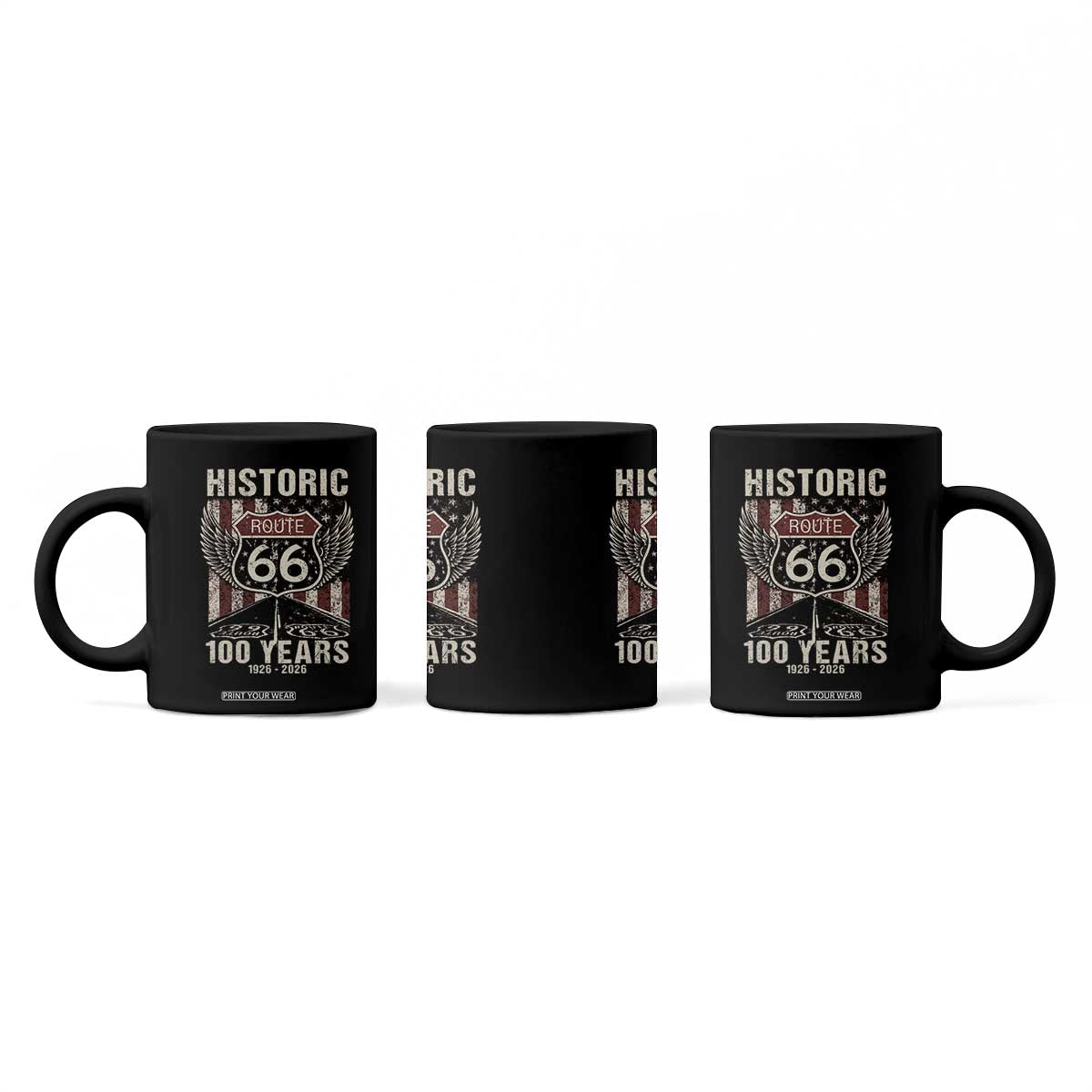 Historic Route Highway 66 100 Years Anniversary Coffee Mug Highway Road Sign Wings Vintage American Flag TS11 Print Your Wear