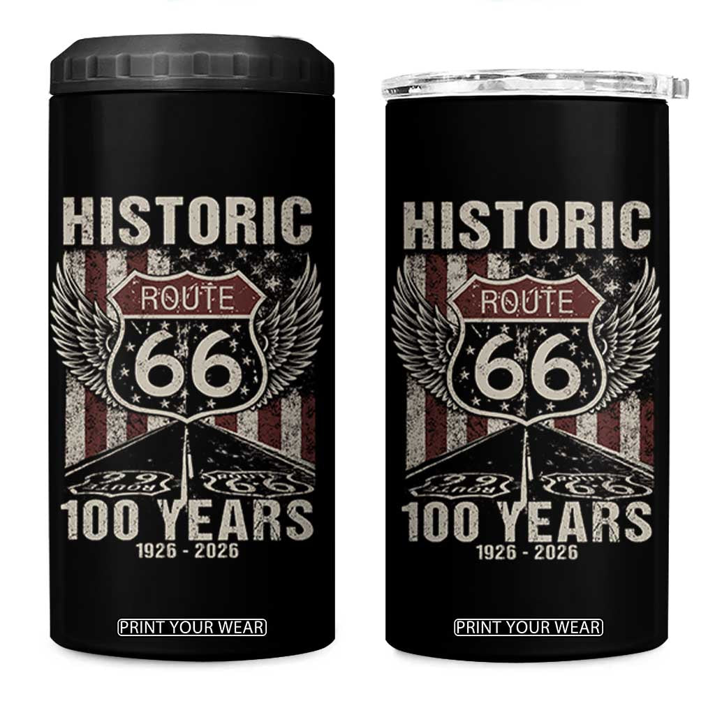 Historic Route Highway 66 100 Years Anniversary 4 in 1 Can Cooler Tumbler Highway Road Sign Wings Vintage American Flag TS11 One Size: 16 oz Black Print Your Wear