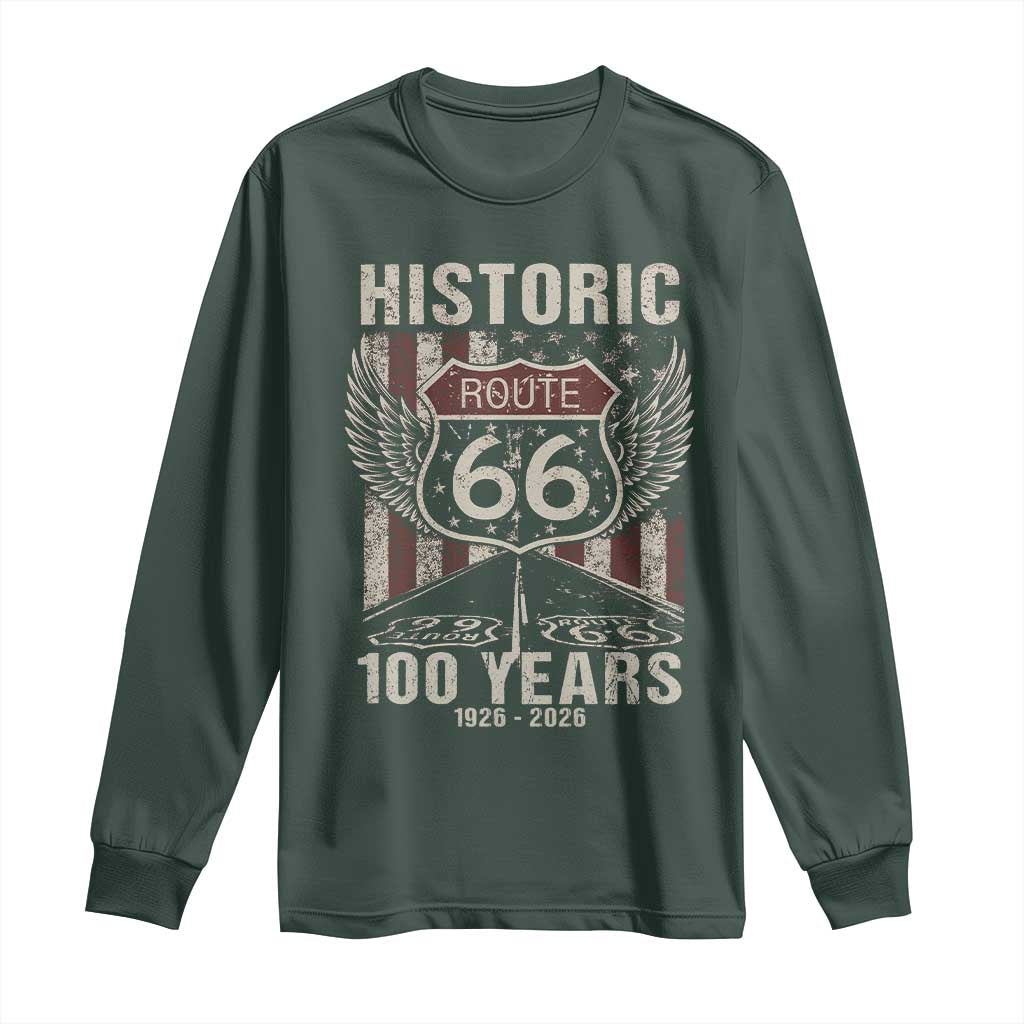Historic Route Highway 66 100 Years Anniversary Long Sleeve Shirt Highway Road Sign Wings Vintage American Flag TS11 Dark Forest Green Print Your Wear