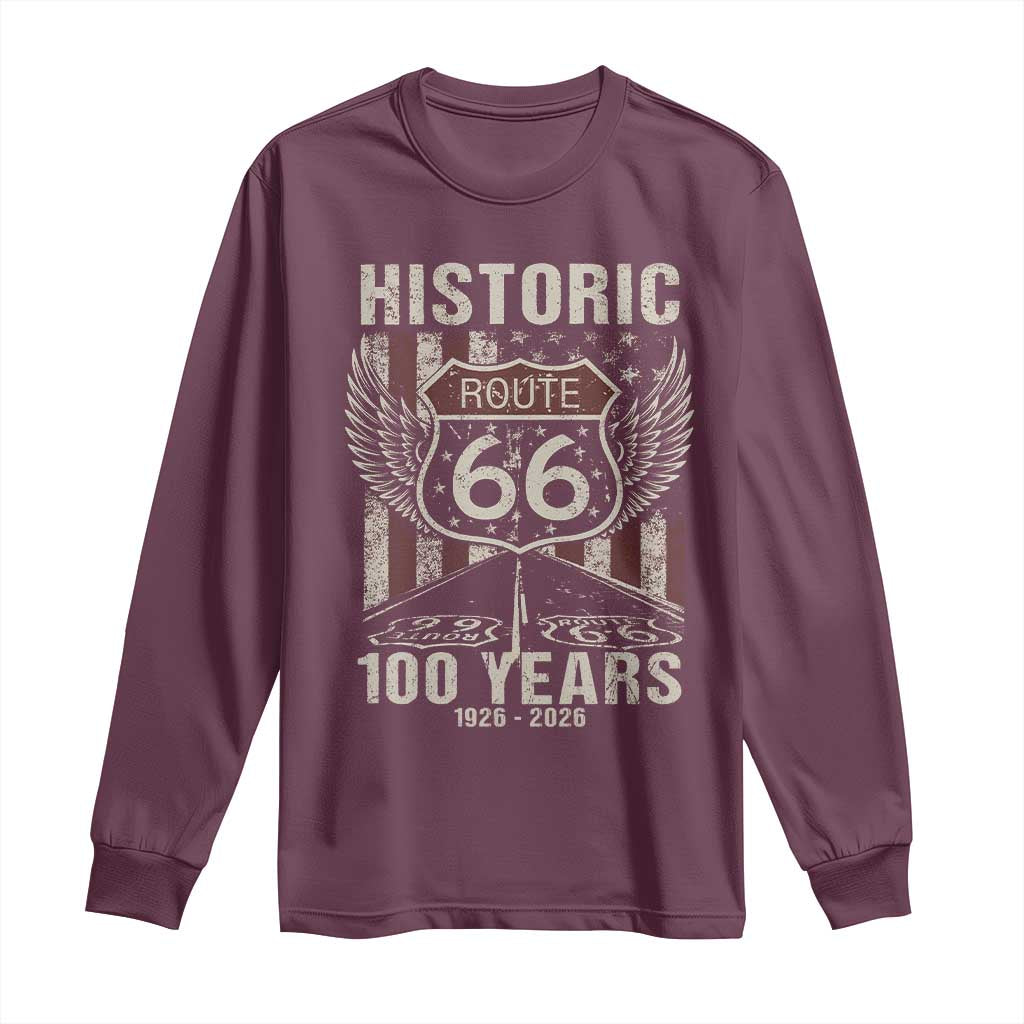 Historic Route Highway 66 100 Years Anniversary Long Sleeve Shirt Highway Road Sign Wings Vintage American Flag TS11 Maroon Print Your Wear