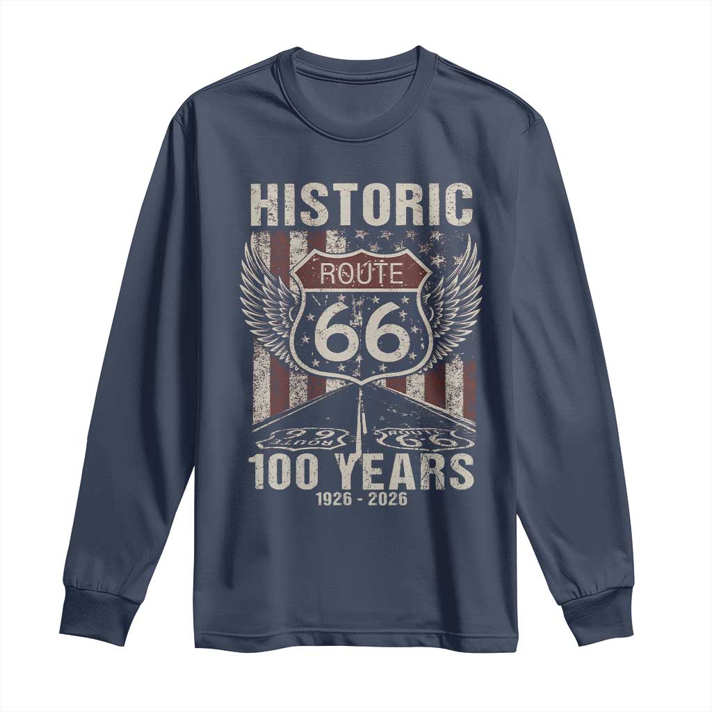 Historic Route Highway 66 100 Years Anniversary Long Sleeve Shirt Highway Road Sign Wings Vintage American Flag TS11 Navy Print Your Wear