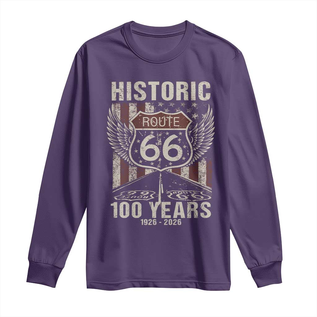 Historic Route Highway 66 100 Years Anniversary Long Sleeve Shirt Highway Road Sign Wings Vintage American Flag TS11 Purple Print Your Wear