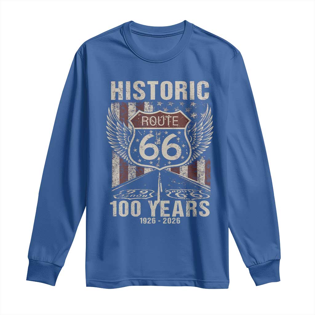 Historic Route Highway 66 100 Years Anniversary Long Sleeve Shirt Highway Road Sign Wings Vintage American Flag TS11 Royal Blue Print Your Wear