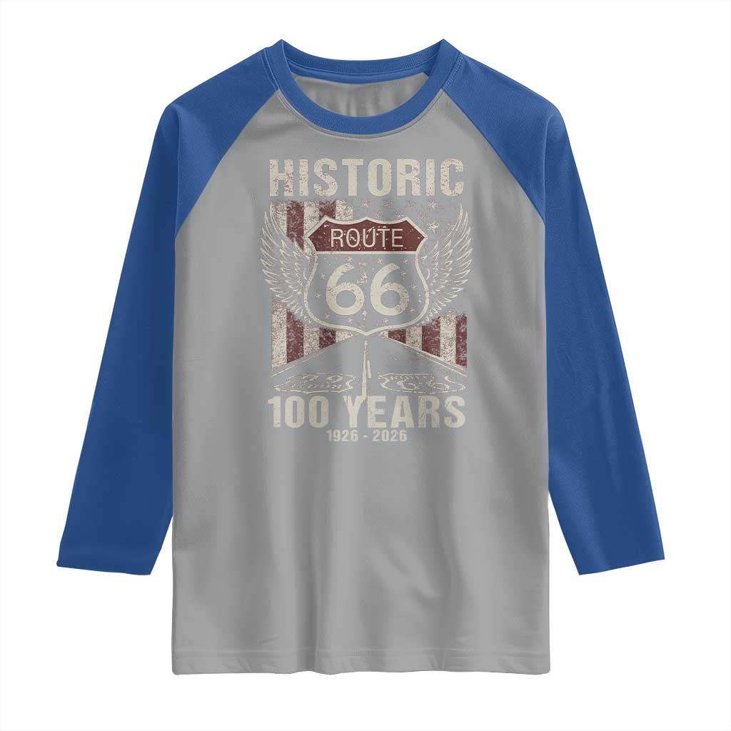 Historic Route Highway 66 100 Years Anniversary Raglan Shirt Highway Road Sign Wings Vintage American Flag TS11 Sport Gray Royal Print Your Wear