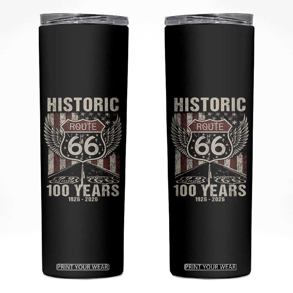Historic Route Highway 66 100 Years Anniversary Skinny Tumbler Highway Road Sign Wings Vintage American Flag TS11 Black Print Your Wear