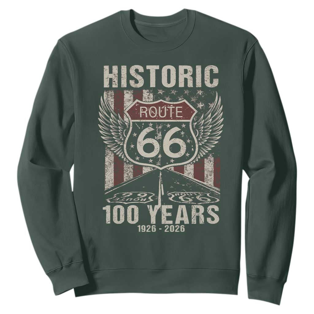 Historic Route Highway 66 100 Years Anniversary Sweatshirt Highway Road Sign Wings Vintage American Flag TS11 Dark Forest Green Print Your Wear