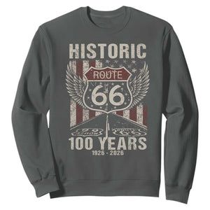 Historic Route Highway 66 100 Years Anniversary Sweatshirt Highway Road Sign Wings Vintage American Flag TS11 Dark Heather Print Your Wear