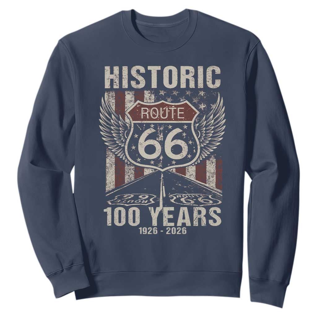 Historic Route Highway 66 100 Years Anniversary Sweatshirt Highway Road Sign Wings Vintage American Flag TS11 Navy Print Your Wear