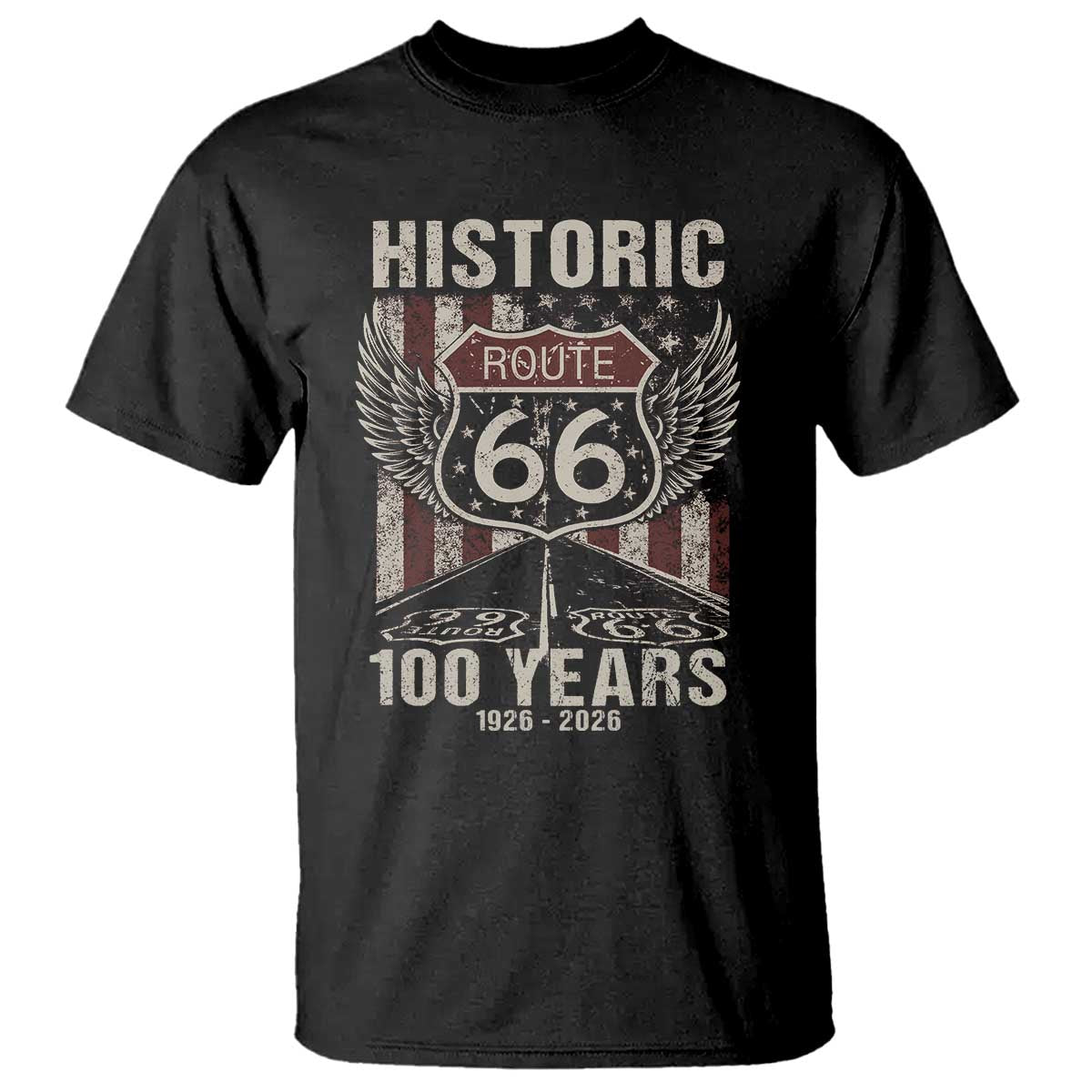 Historic Route Highway 66 100 Years Anniversary T Shirt Highway Road Sign Wings Vintage American Flag TS11 Black Print Your Wear