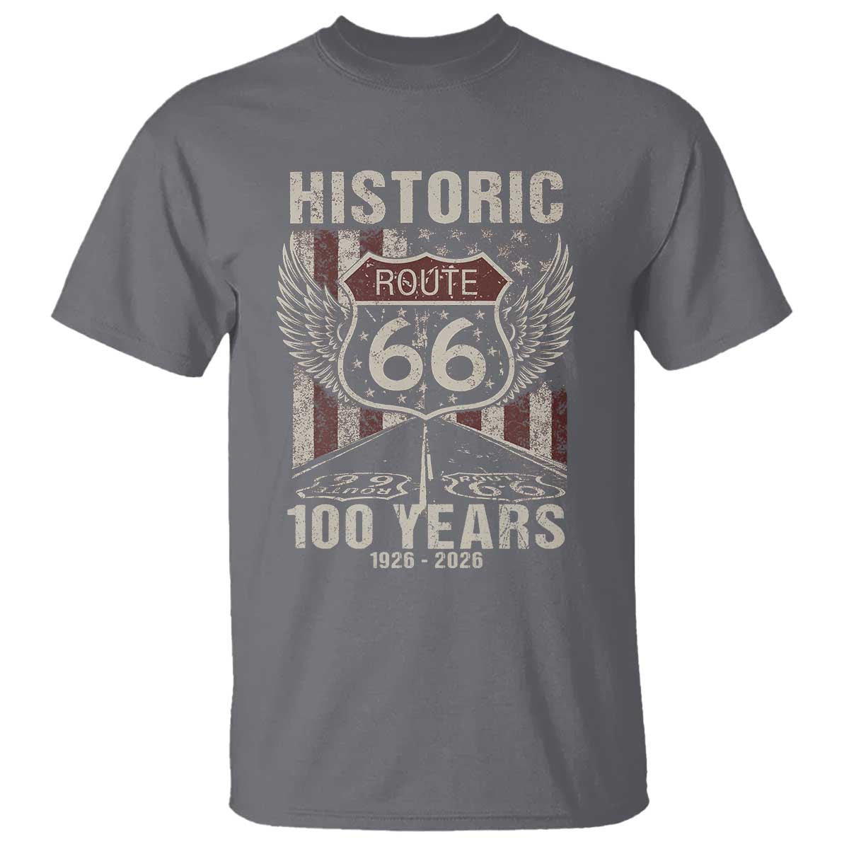 Historic Route Highway 66 100 Years Anniversary T Shirt Highway Road Sign Wings Vintage American Flag TS11 Charcoal Print Your Wear