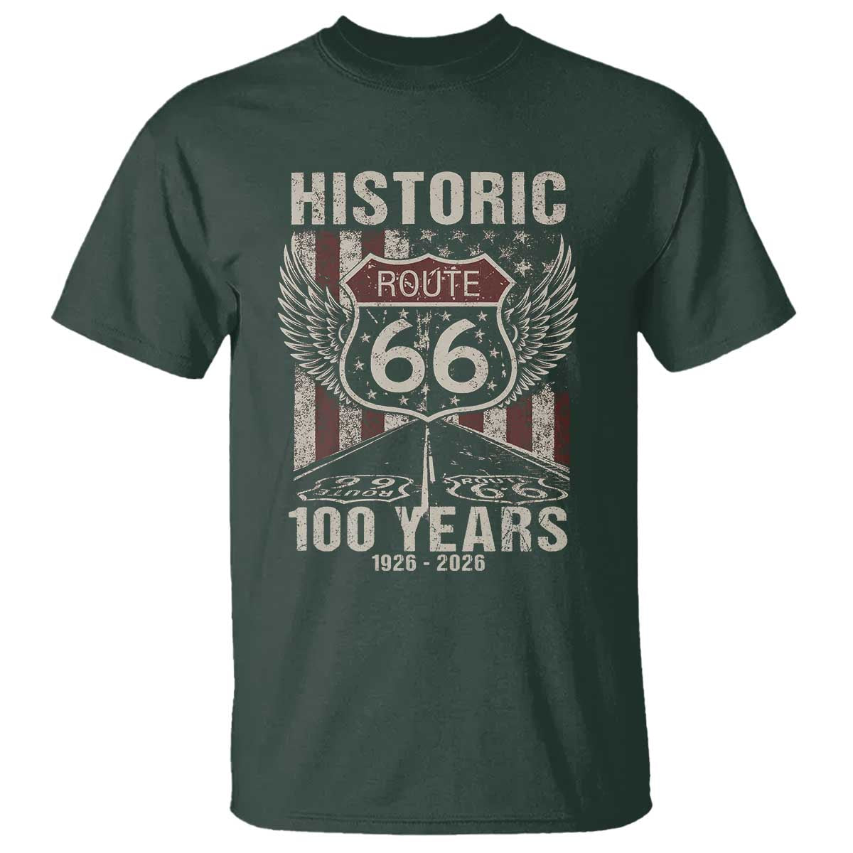 Historic Route Highway 66 100 Years Anniversary T Shirt Highway Road Sign Wings Vintage American Flag TS11 Dark Forest Green Print Your Wear