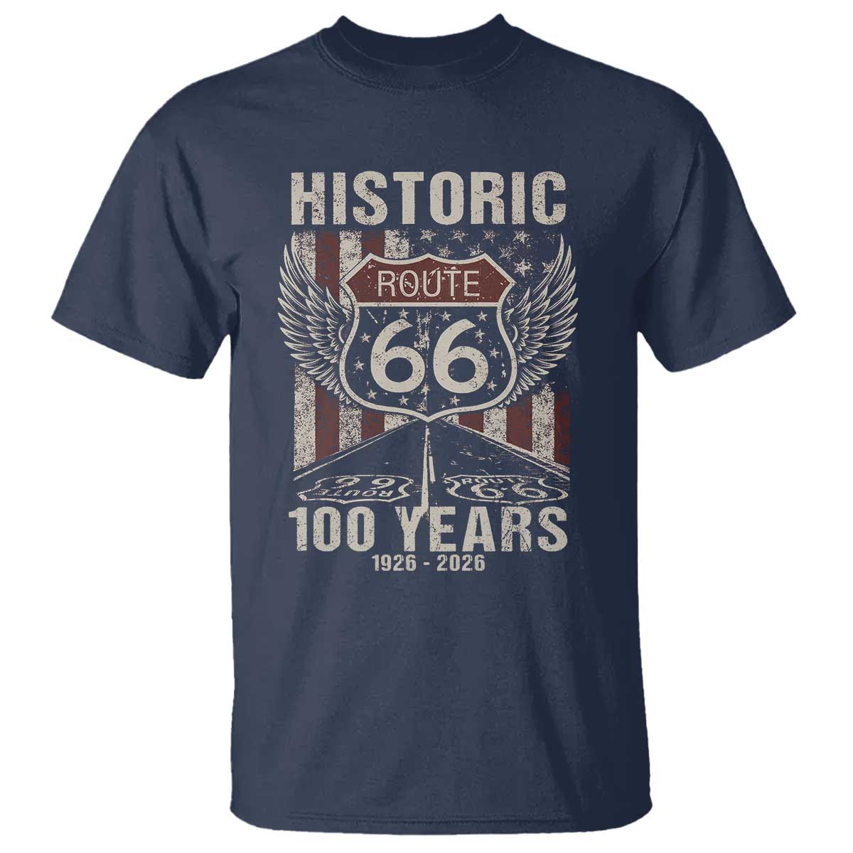 Historic Route Highway 66 100 Years Anniversary T Shirt Highway Road Sign Wings Vintage American Flag TS11 Navy Print Your Wear