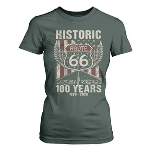 Historic Route Highway 66 100 Years Anniversary T Shirt For Women Highway Road Sign Wings Vintage American Flag TS11 Dark Forest Green Print Your Wear