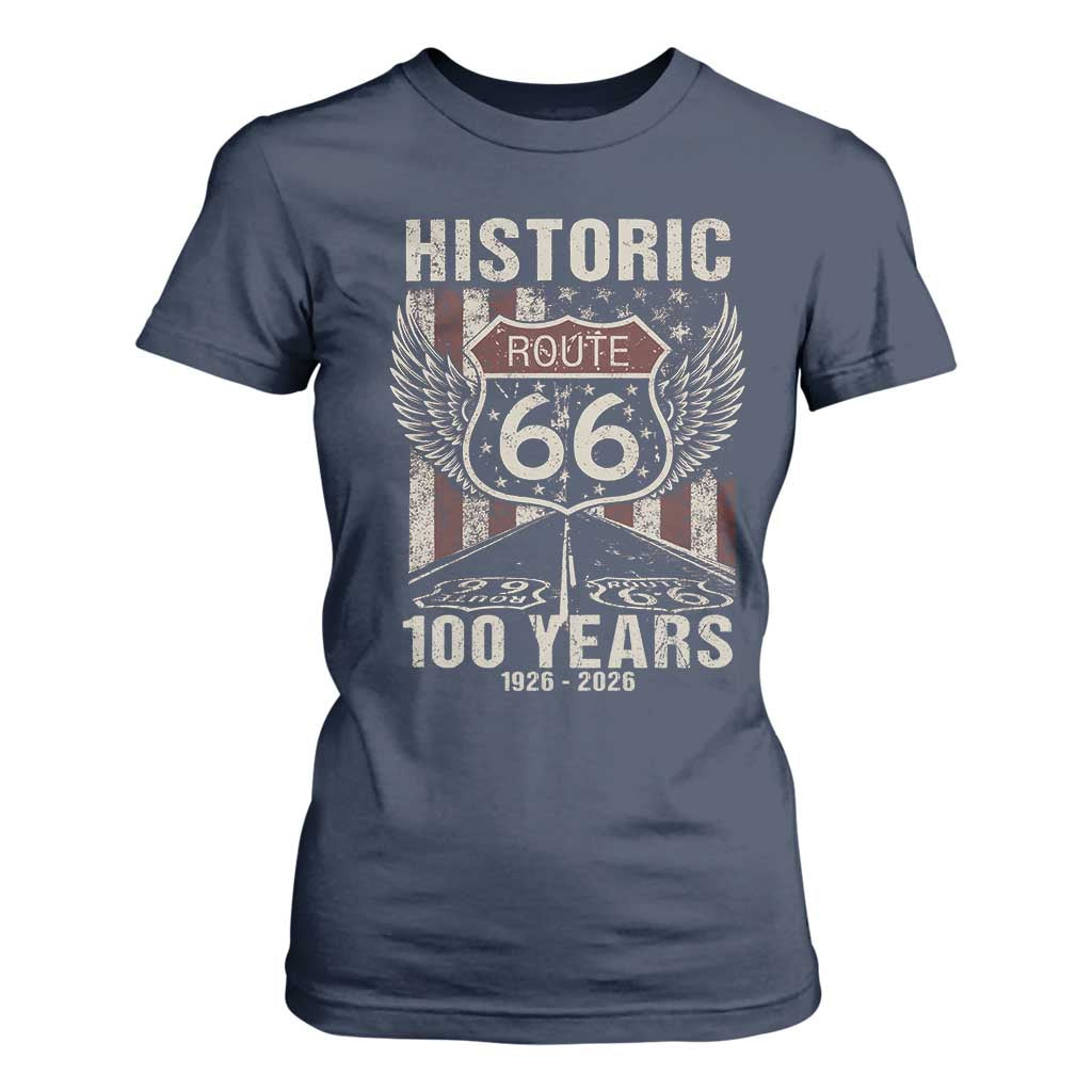 Historic Route Highway 66 100 Years Anniversary T Shirt For Women Highway Road Sign Wings Vintage American Flag TS11 Navy Print Your Wear
