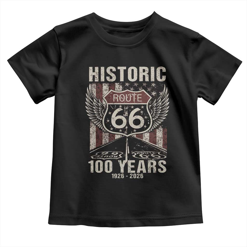 Historic Route Highway 66 100 Years Anniversary Toddler T Shirt Highway Road Sign Wings Vintage American Flag TS11 Black Print Your Wear