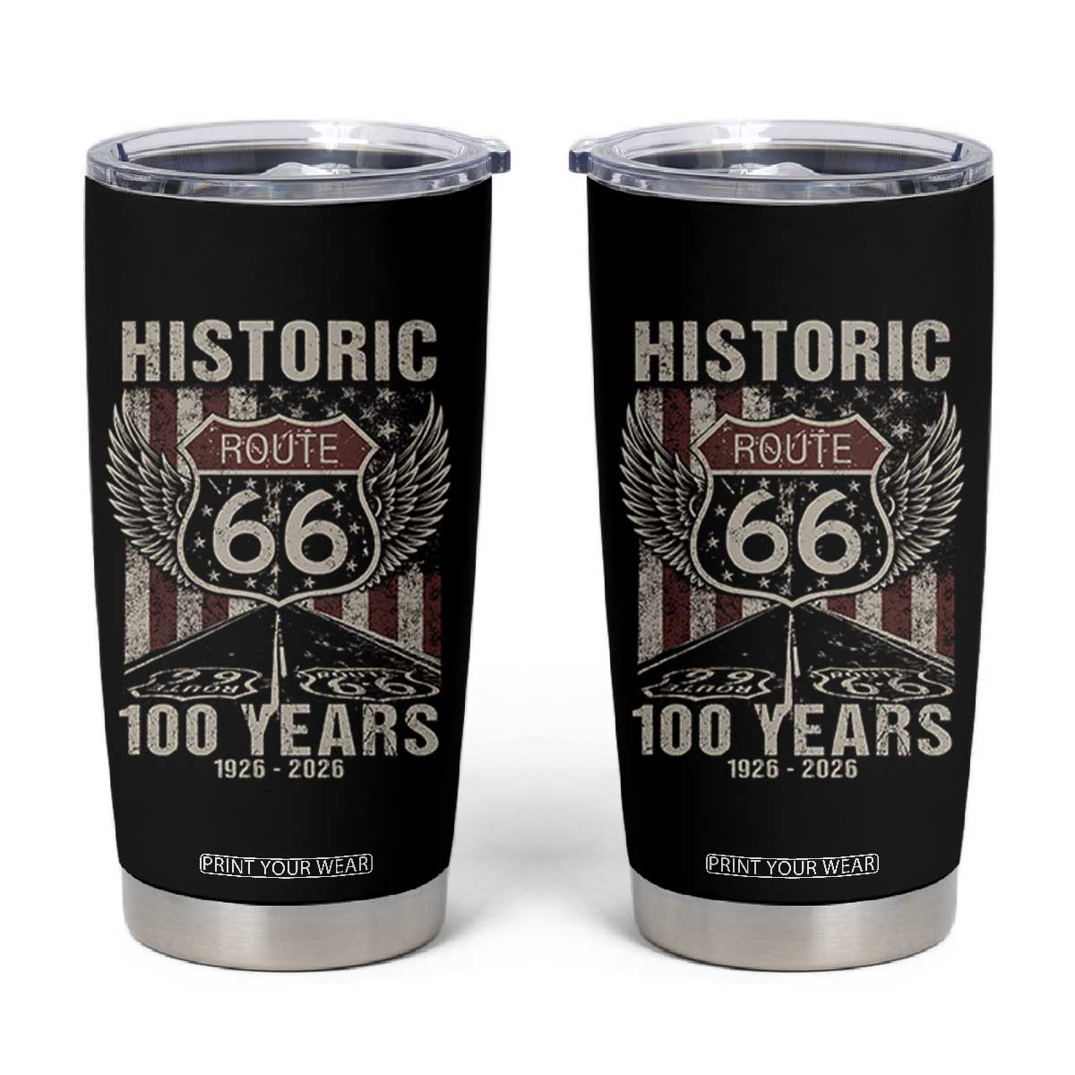 Historic Route Highway 66 100 Years Anniversary Tumbler Cup Highway Road Sign Wings Vintage American Flag TS11 Black Print Your Wear