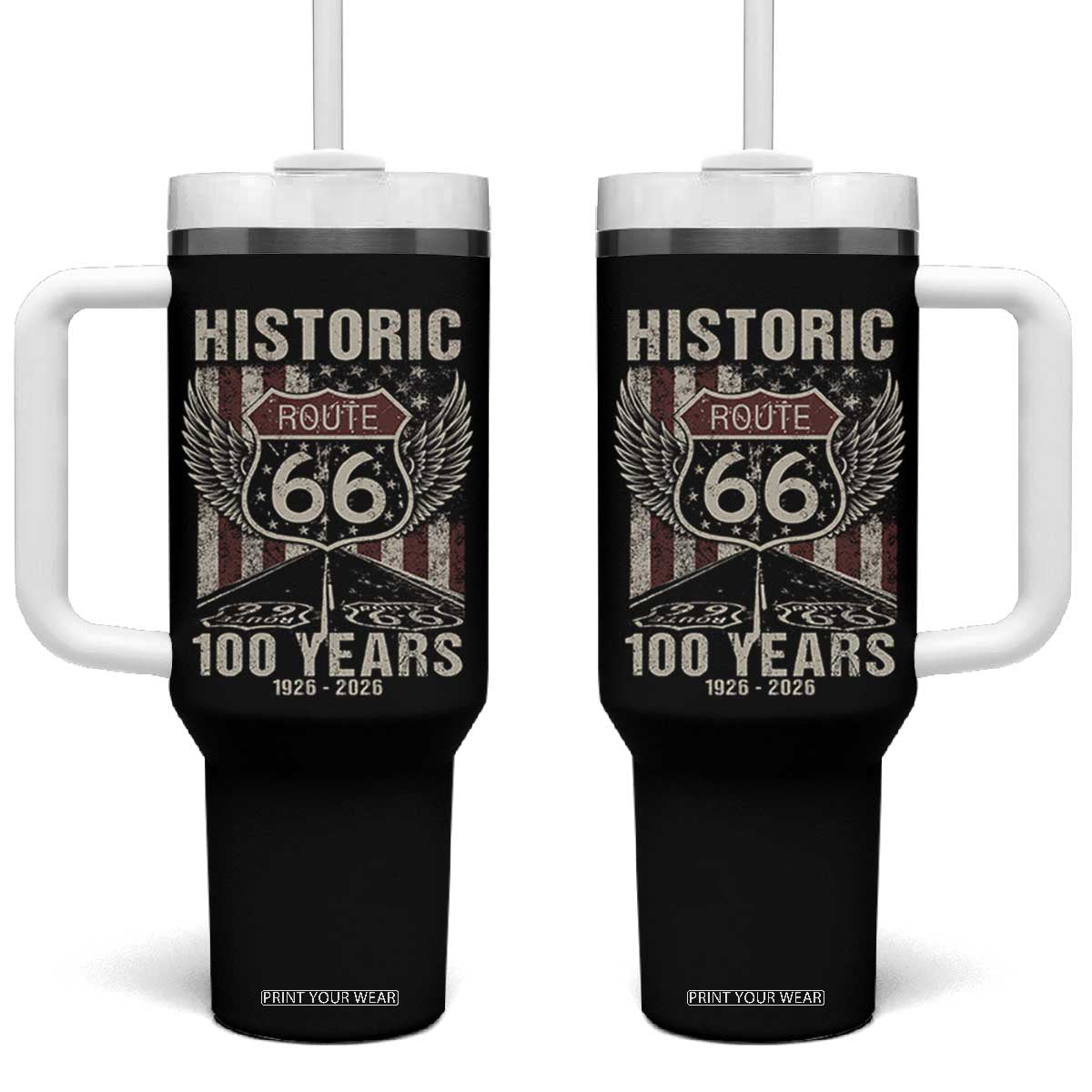 Historic Route Highway 66 100 Years Anniversary Tumbler With Handle Highway Road Sign Wings Vintage American Flag TS11 One Size: 40 oz Black Print Your Wear