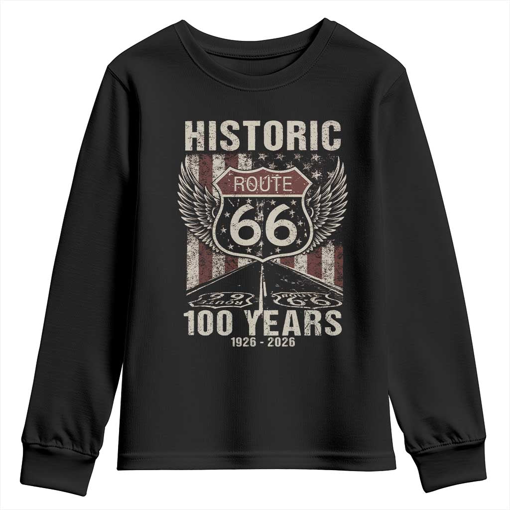 Historic Route Highway 66 100 Years Anniversary Youth Sweatshirt Highway Road Sign Wings Vintage American Flag TS11 Black Print Your Wear