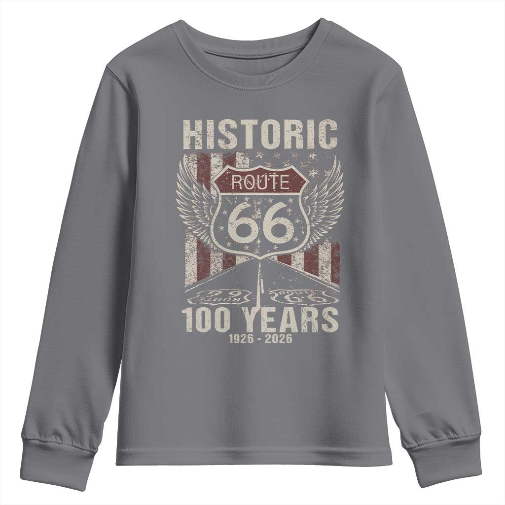 Historic Route Highway 66 100 Years Anniversary Youth Sweatshirt Highway Road Sign Wings Vintage American Flag TS11 Charcoal Print Your Wear
