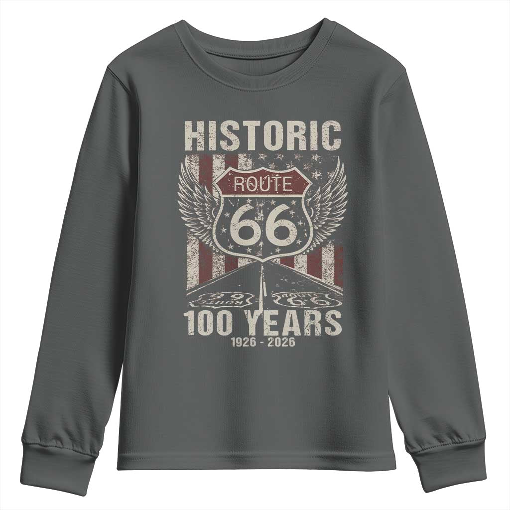 Historic Route Highway 66 100 Years Anniversary Youth Sweatshirt Highway Road Sign Wings Vintage American Flag TS11 Dark Heather Print Your Wear