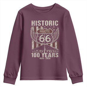 Historic Route Highway 66 100 Years Anniversary Youth Sweatshirt Highway Road Sign Wings Vintage American Flag TS11 Maroon Print Your Wear