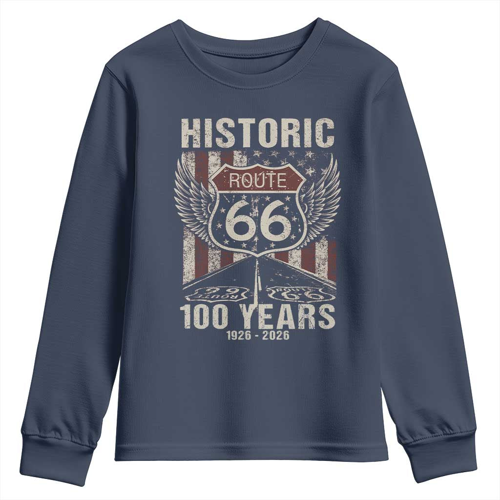 Historic Route Highway 66 100 Years Anniversary Youth Sweatshirt Highway Road Sign Wings Vintage American Flag TS11 Navy Print Your Wear