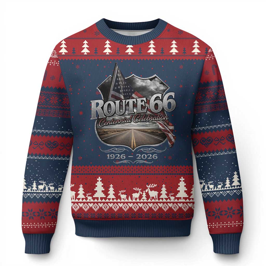 US Route Highway 66 Centennial Celebration Ugly Christmas Sweater 100 Years Of The Mother Road Vintage American Flag TS11 Navy Red Print Your Wear
