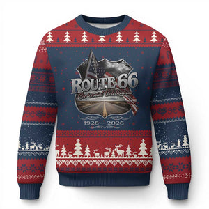 US Route Highway 66 Centennial Celebration Ugly Christmas Sweater 100 Years Of The Mother Road Vintage American Flag TS11 Navy Red Print Your Wear