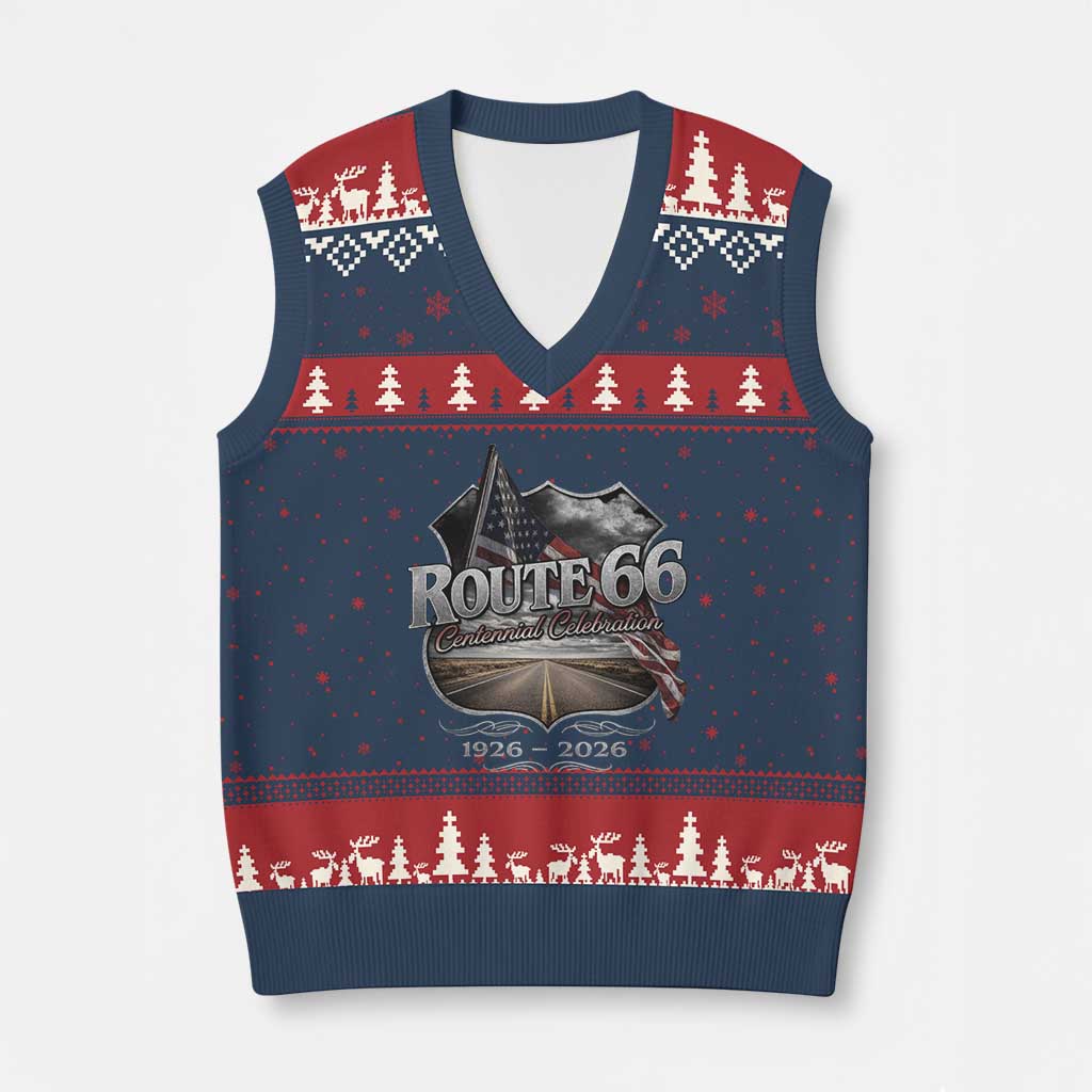 US Route Highway 66 Centennial Celebration V-Neck Knit Sweater Vest 100 Years Of The Mother Road Vintage American Flag TS11 Navy Red Print Your Wear