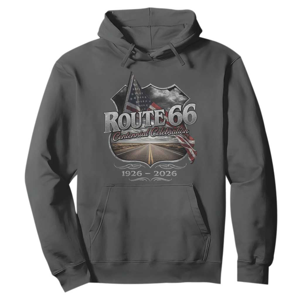 US Route Highway 66 Centennial Celebration Hoodie 100 Years Of The Mother Road Vintage American Flag TS11 Dark Heather Print Your Wear