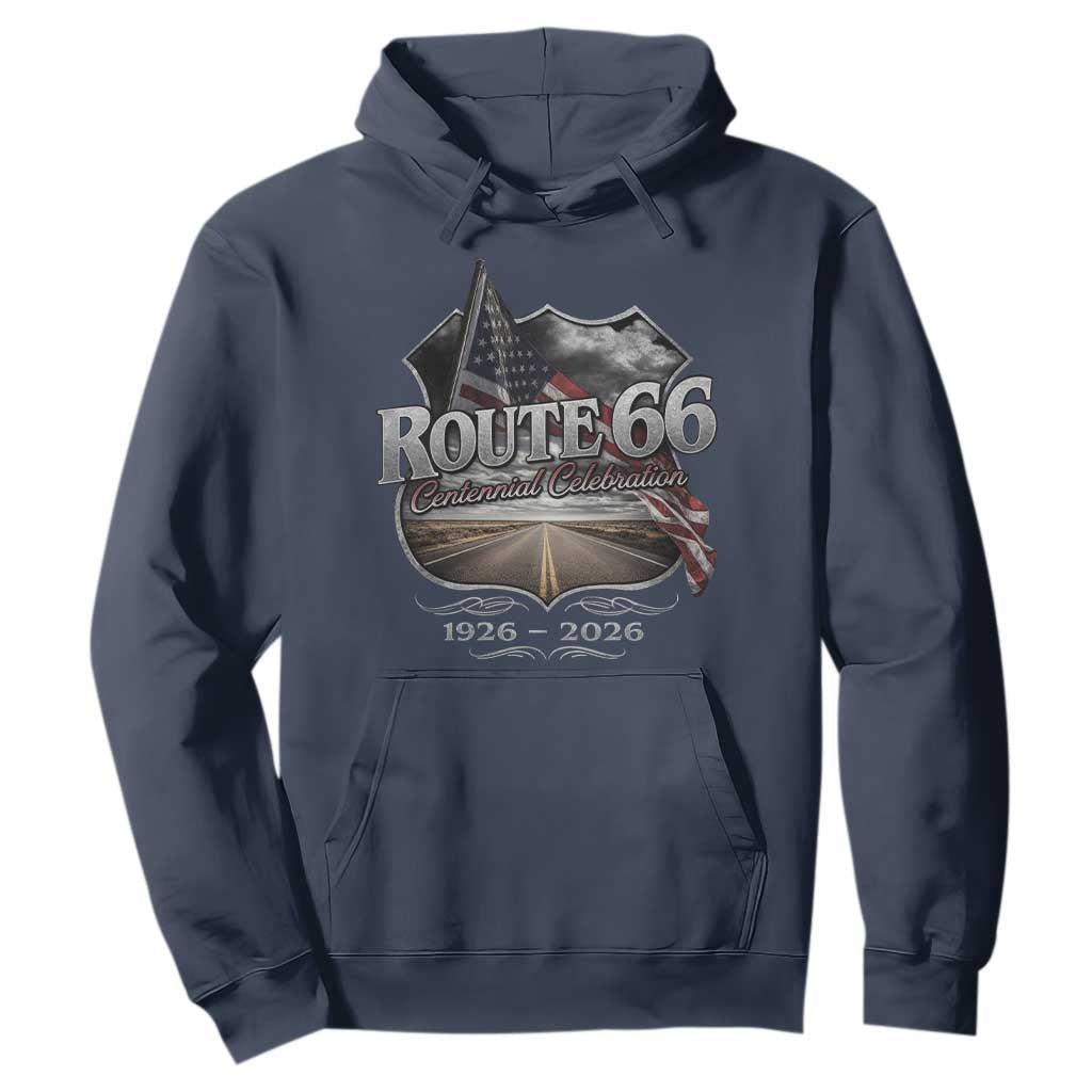 US Route Highway 66 Centennial Celebration Hoodie 100 Years Of The Mother Road Vintage American Flag TS11 Navy Print Your Wear