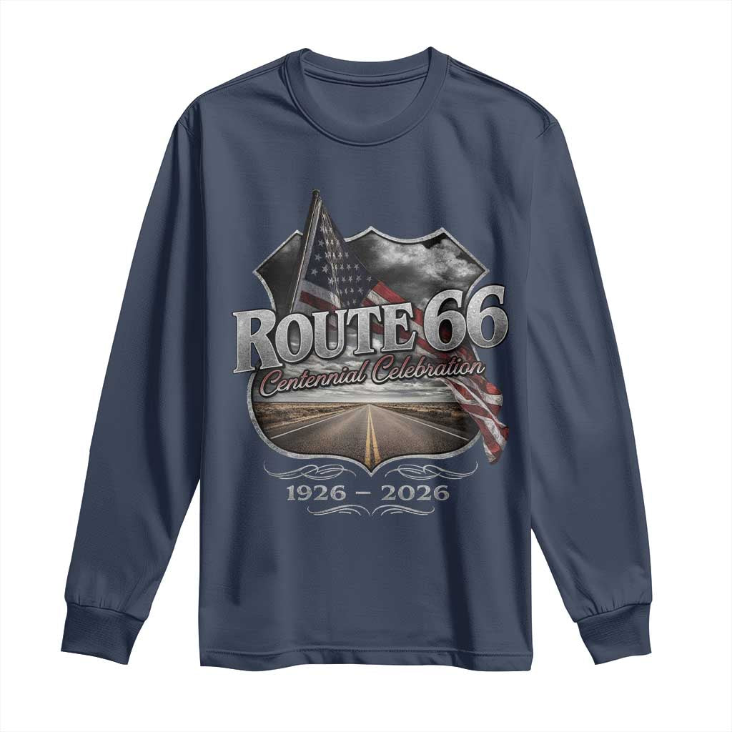 US Route Highway 66 Centennial Celebration Long Sleeve Shirt 100 Years Of The Mother Road Vintage American Flag TS11 Navy Print Your Wear