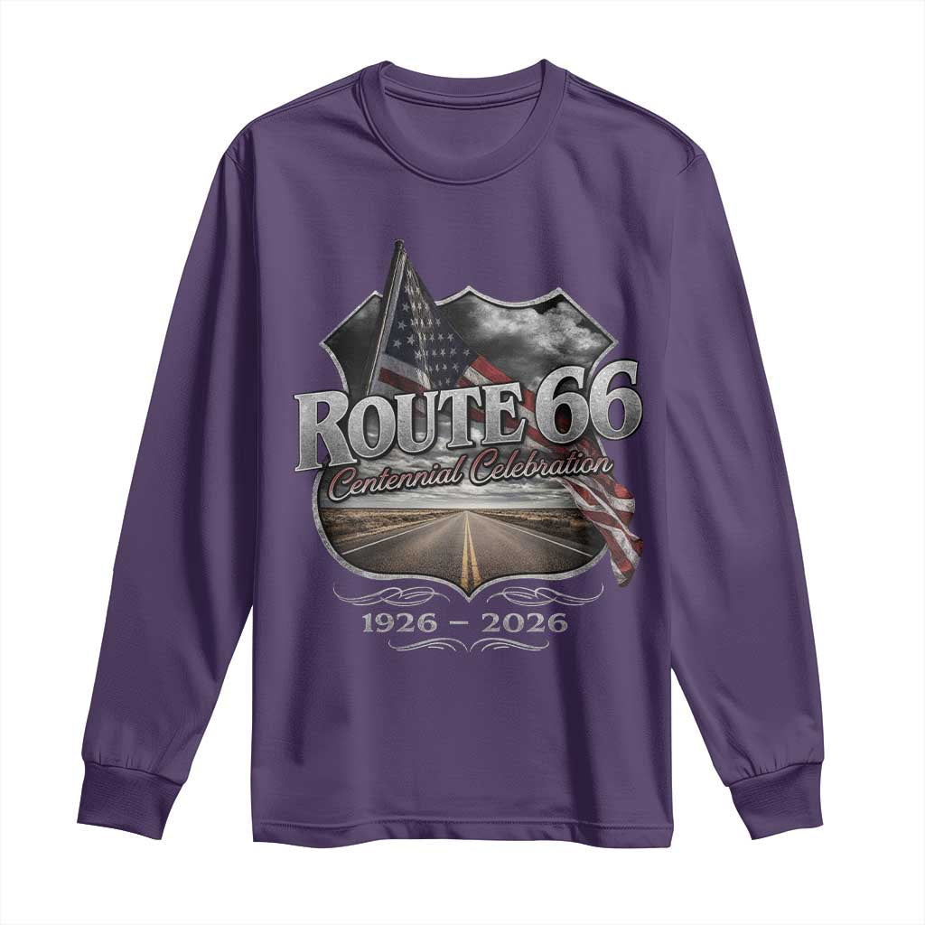 US Route Highway 66 Centennial Celebration Long Sleeve Shirt 100 Years Of The Mother Road Vintage American Flag TS11 Purple Print Your Wear