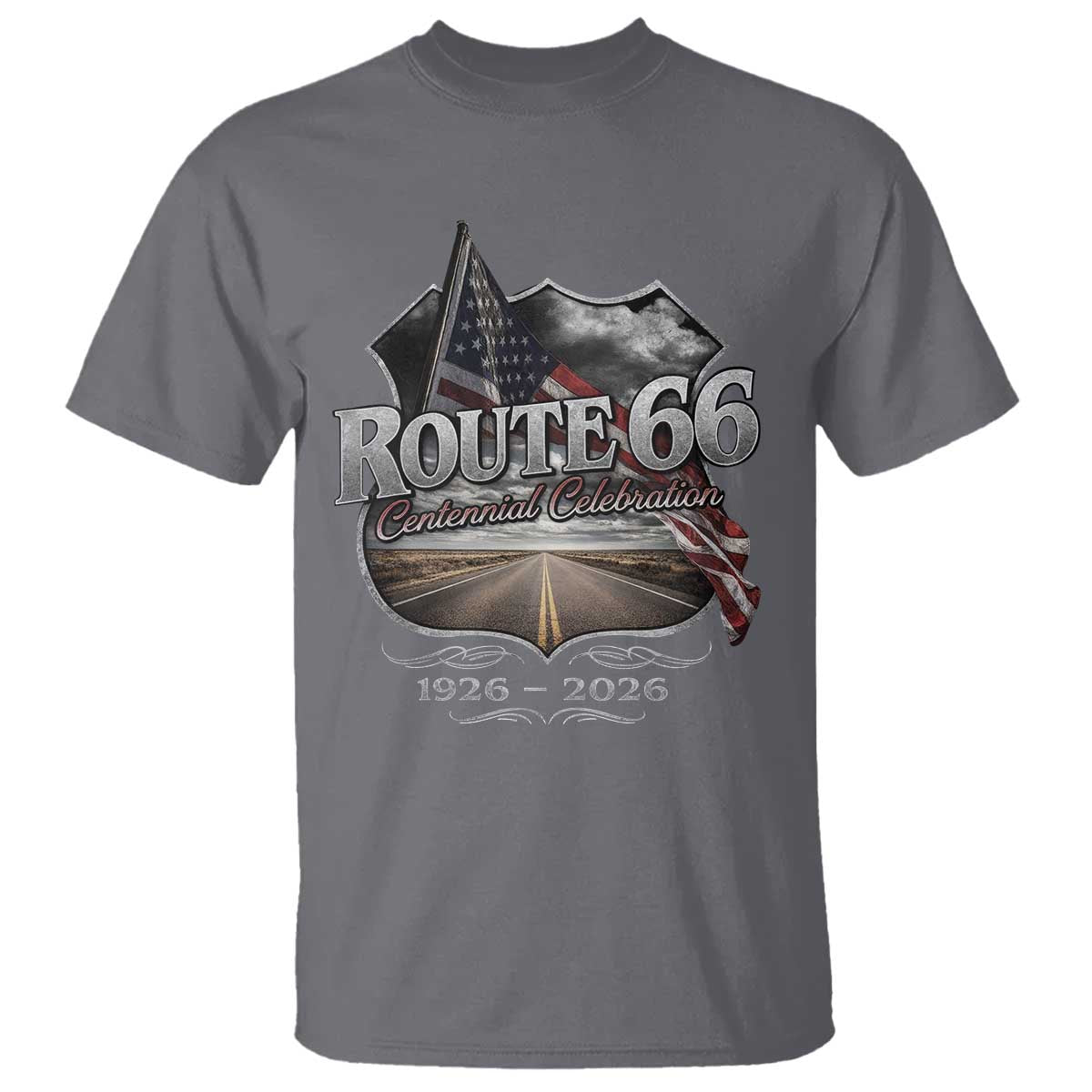 US Route Highway 66 Centennial Celebration T Shirt - 100 Years Of The Mother Road - Vintage American Flag TS11 Charcoal Print Your Wear