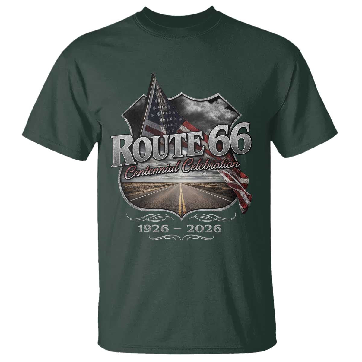 US Route Highway 66 Centennial Celebration T Shirt - 100 Years Of The Mother Road - Vintage American Flag TS11 Dark Forest Green Print Your Wear