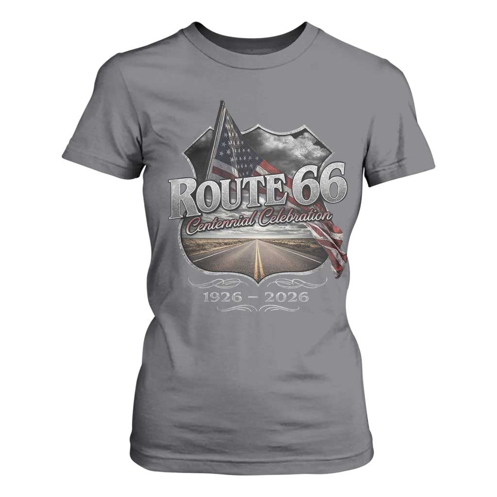 US Route Highway 66 Centennial Celebration T Shirt For Women 100 Years Of The Mother Road Vintage American Flag TS11 Charcoal Print Your Wear