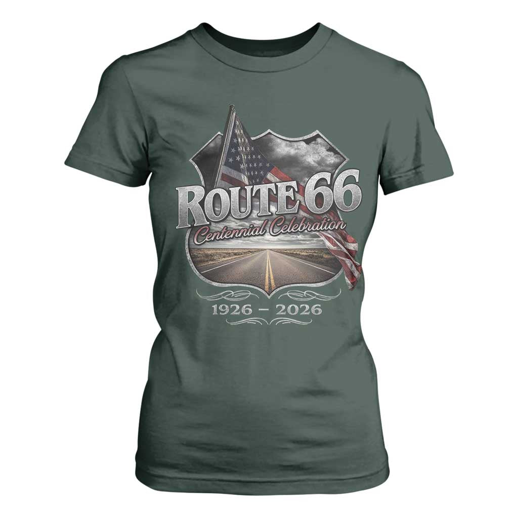 US Route Highway 66 Centennial Celebration T Shirt For Women 100 Years Of The Mother Road Vintage American Flag TS11 Dark Forest Green Print Your Wear