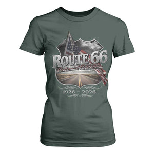 US Route Highway 66 Centennial Celebration T Shirt For Women 100 Years Of The Mother Road Vintage American Flag TS11 Dark Forest Green Print Your Wear