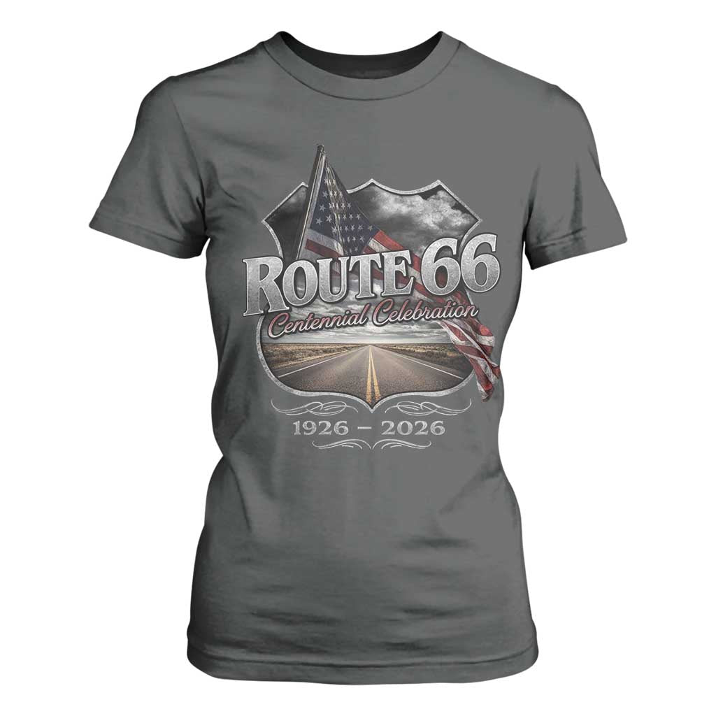 US Route Highway 66 Centennial Celebration T Shirt For Women 100 Years Of The Mother Road Vintage American Flag TS11 Dark Heather Print Your Wear