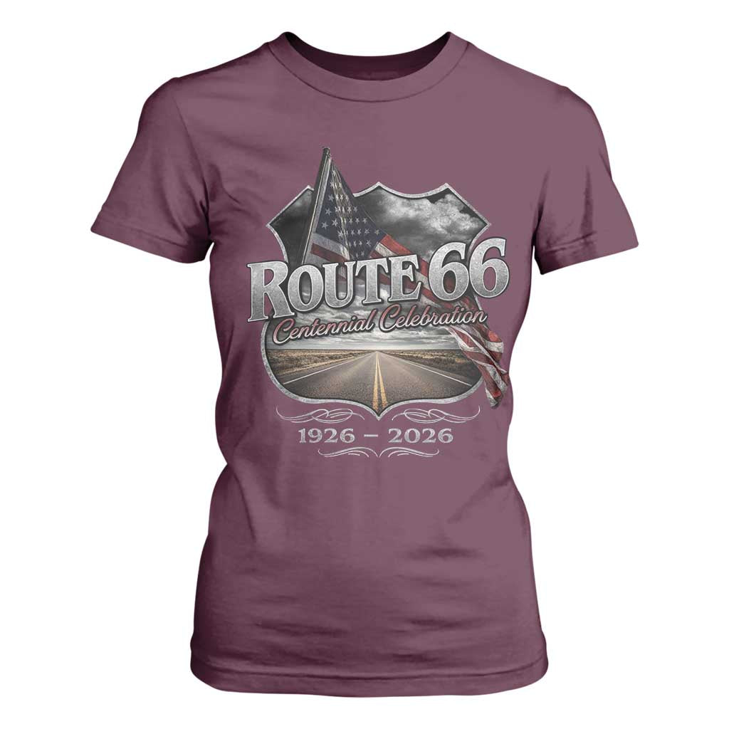 US Route Highway 66 Centennial Celebration T Shirt For Women 100 Years Of The Mother Road Vintage American Flag TS11 Maroon Print Your Wear