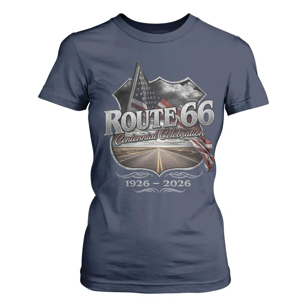 US Route Highway 66 Centennial Celebration T Shirt For Women 100 Years Of The Mother Road Vintage American Flag TS11 Navy Print Your Wear