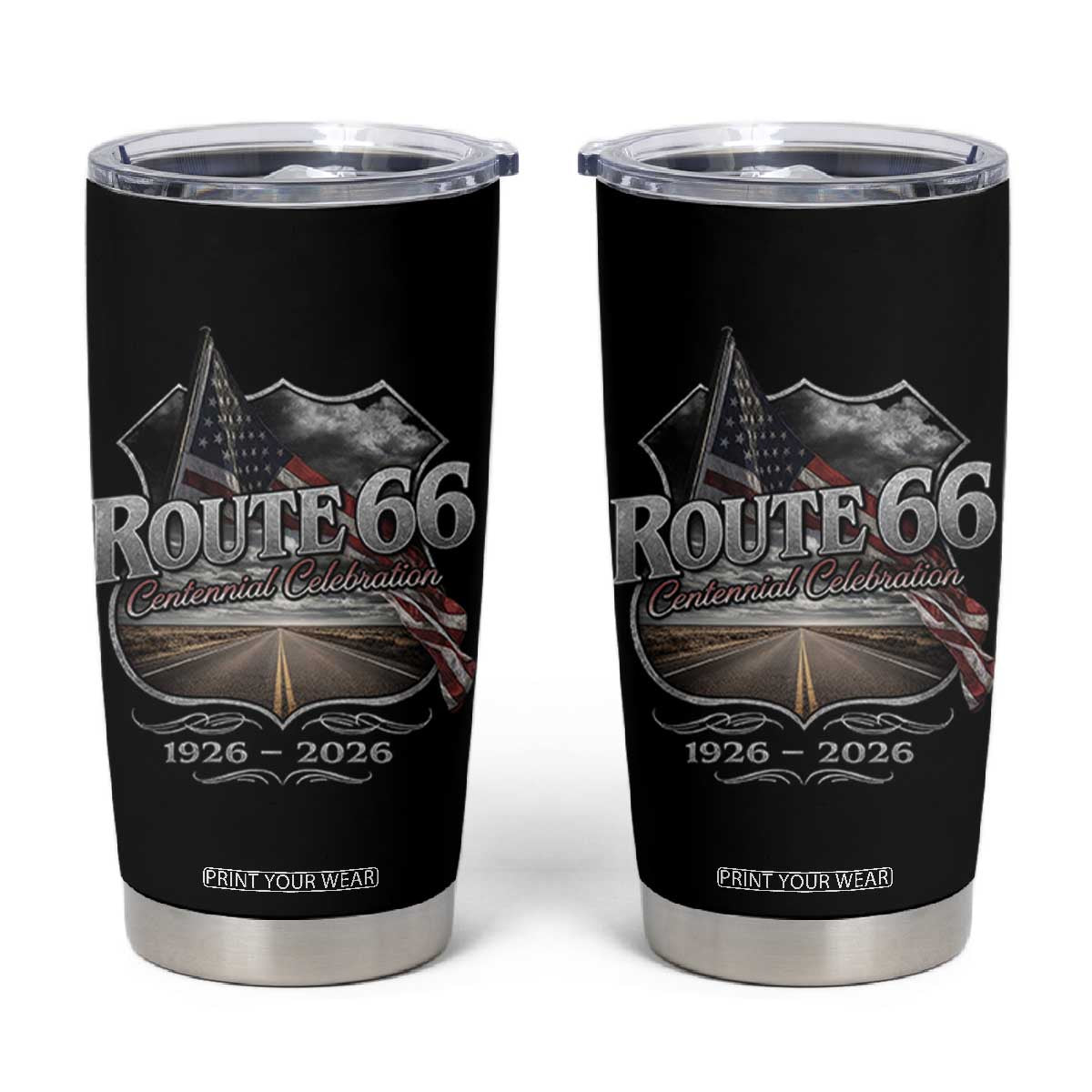 US Route Highway 66 Centennial Celebration Tumbler Cup 100 Years Of The Mother Road Vintage American Flag TS11 Black Print Your Wear