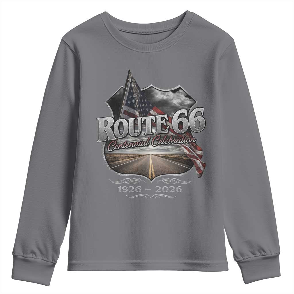 US Route Highway 66 Centennial Celebration Youth Sweatshirt 100 Years Of The Mother Road Vintage American Flag TS11 Charcoal Print Your Wear