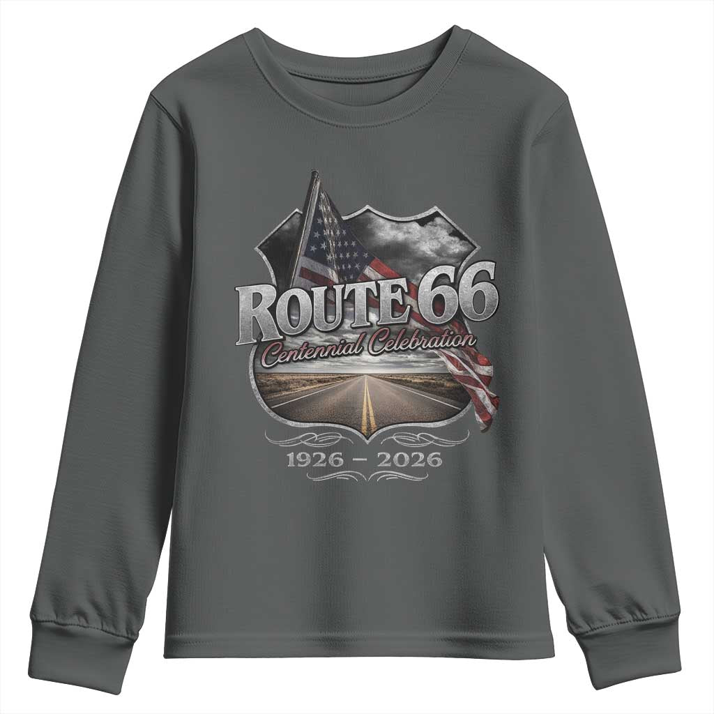 US Route Highway 66 Centennial Celebration Youth Sweatshirt 100 Years Of The Mother Road Vintage American Flag TS11 Dark Heather Print Your Wear